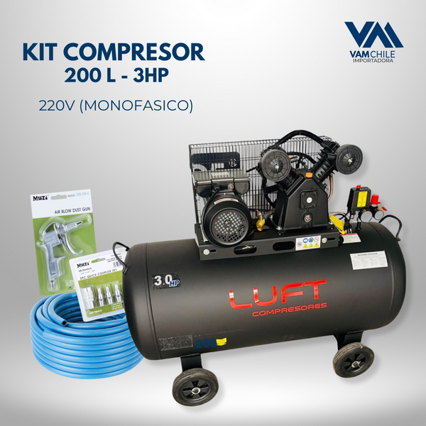 Pack Compresor 200 L- 3HP Luft + Manguera 5/16 x 20Mts + Kit de Acoples + Pistola soplete