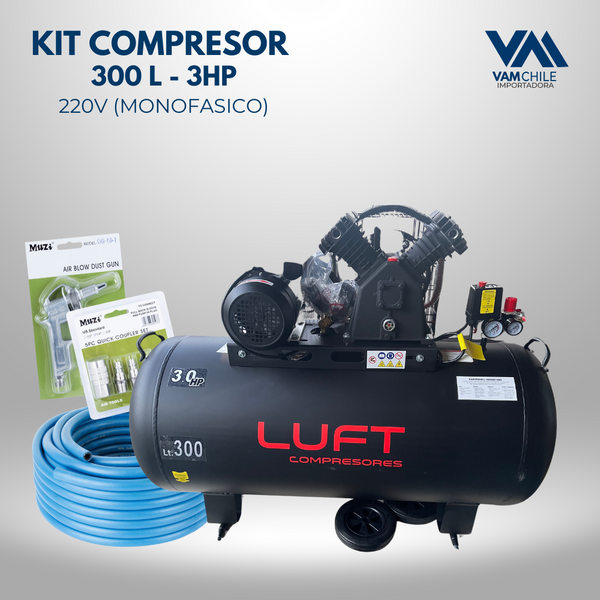 Pack Compresor 300L 3HP Luft + Manguera 5/16 x 20Mts + Kit de Acoples + Pistola soplete